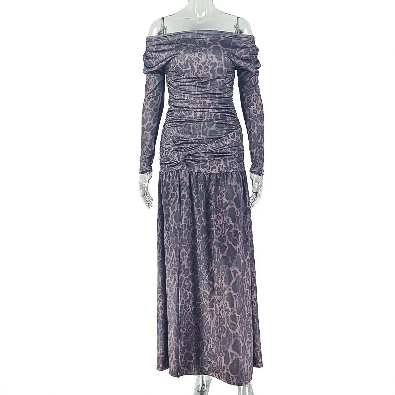 Robe longue léopard à col bateau et fente haute pour femme