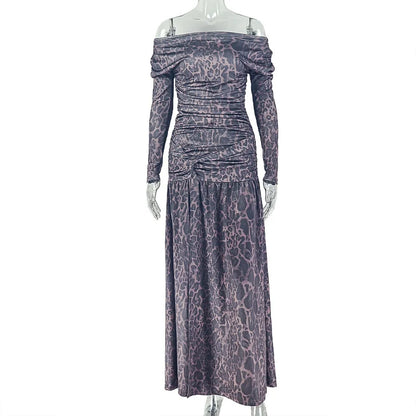 Robe longue léopard à col bateau et fente haute pour femme