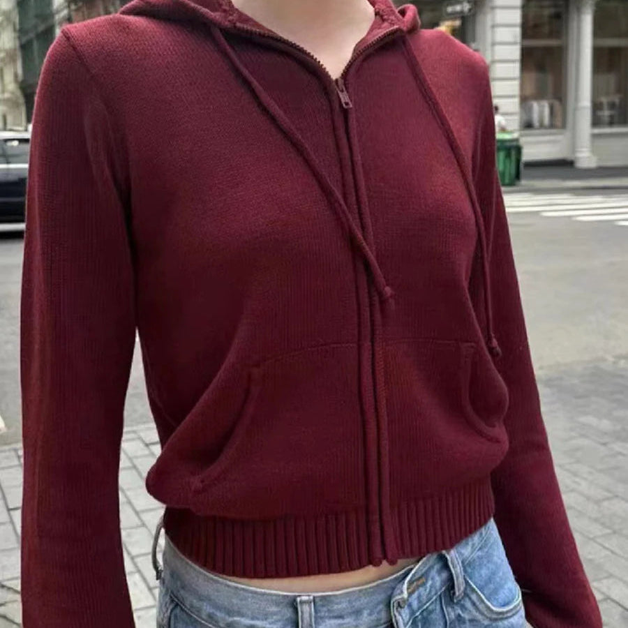 Cardigan tricoté en coton à capuche avec cordon de serrage et fermeture éclair pour femmes