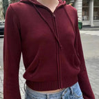 Cardigan tricoté en coton à capuche avec cordon de serrage et fermeture éclair pour femmes