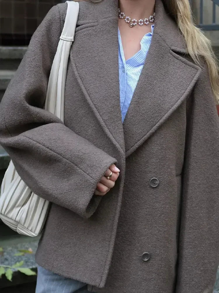 Manteau blazer court en laine unie à double boutonnage pour femmes