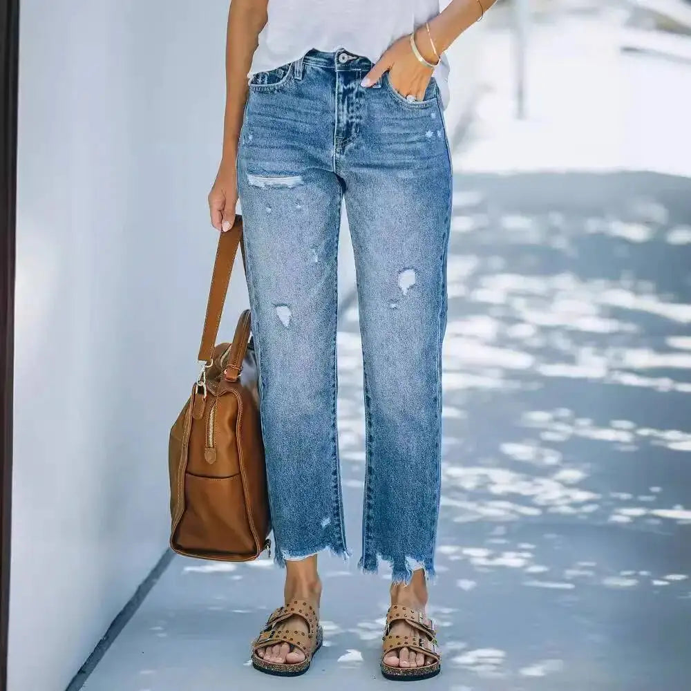 Jean taille haute avec trou pour femmes