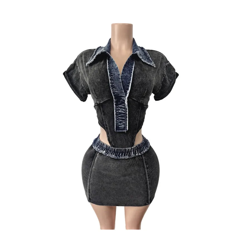 Ensemble 2 pièces body à manches courtes et col rabattu + jupes mi-longues moulantes pour femmes