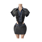 Ensemble 2 pièces body à manches courtes et col rabattu + jupes mi-longues moulantes pour femmes