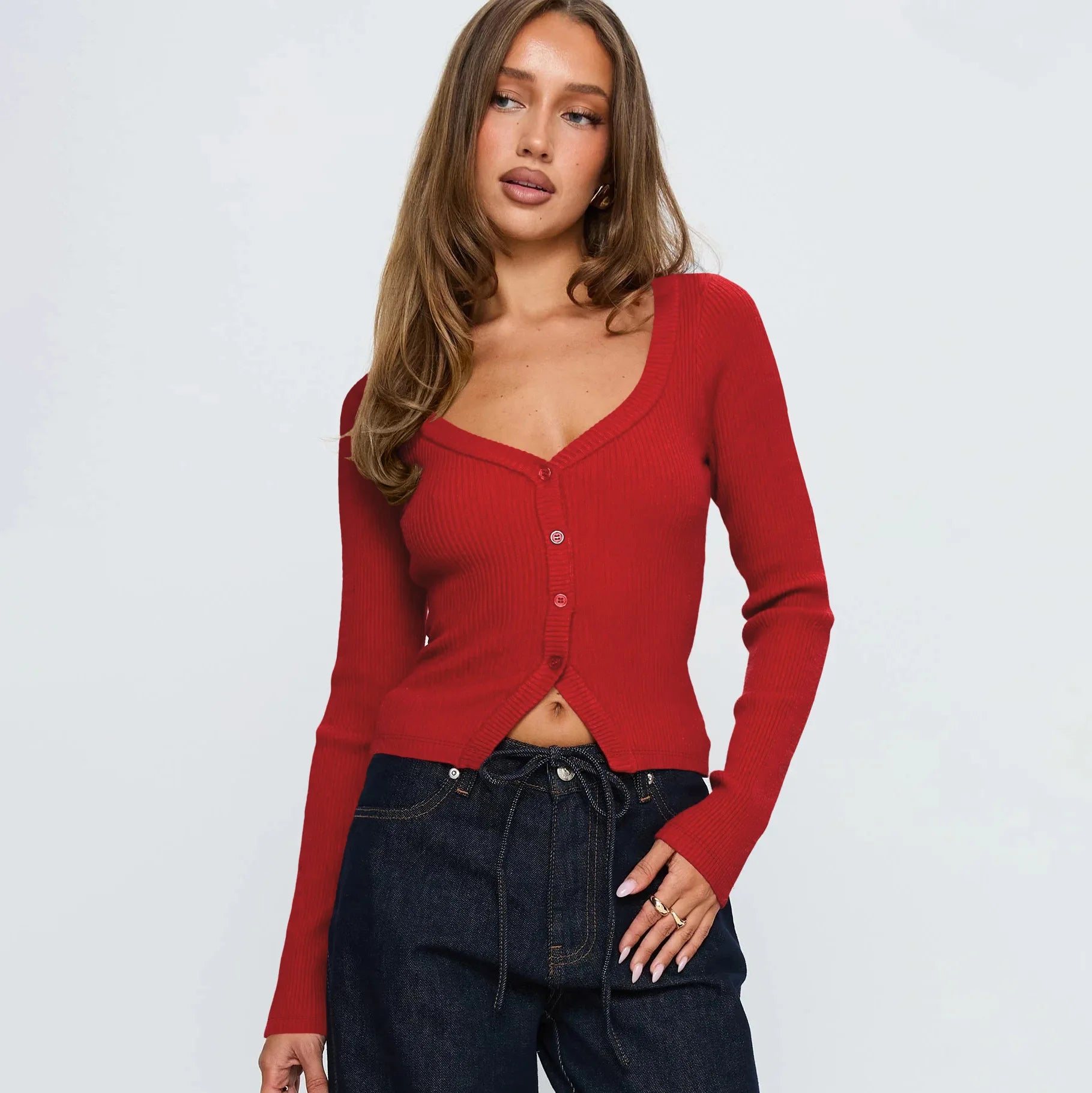 Cardigan à manches longues et col en v pour femmes