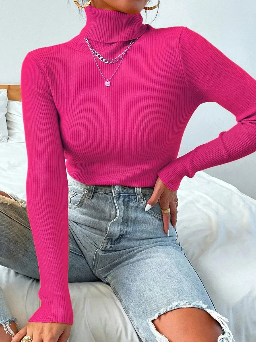 Pull col roulé uni en maille pour femmes