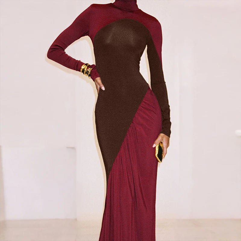 Robe longue femme ajustée multicolore à col montant et manches longues