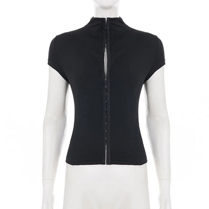 T-shirt Moulant Femme – Col Montant et Boutonnage à Boucle