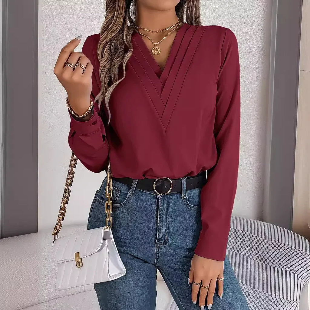 Chemise élégante à manches longues et col en V pour femmes