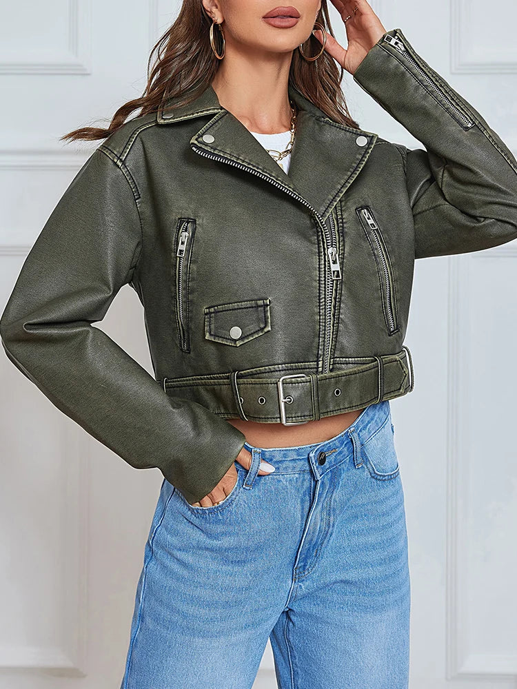 Veste courte en similicuir avec ceinture pour femmes
