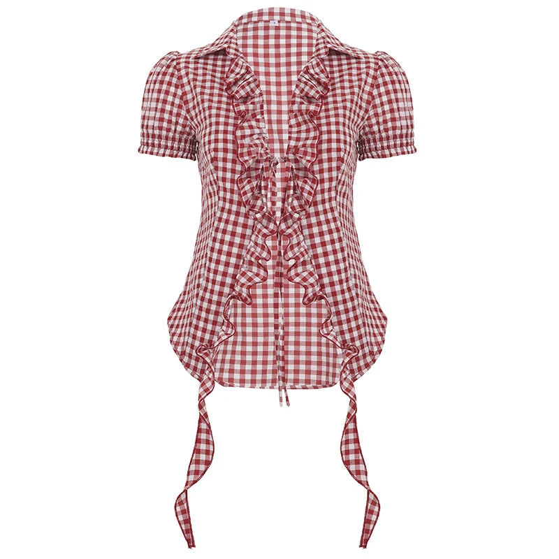 T-shirt à Carreaux Rouges Femme – Volants et Laçage