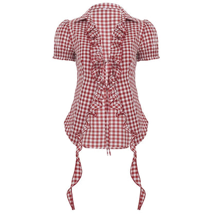 T-shirt à Carreaux Rouges Femme – Volants et Laçage