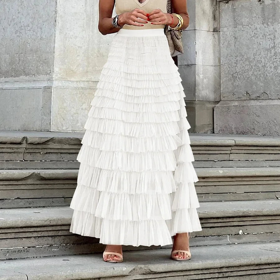 Jupe longue plissée taille haute en tulle pour femmes