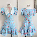 Robe d'été imprimée à manches bouffantes et à volants pour femmes