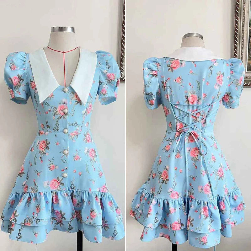 Robe d'été imprimée à manches bouffantes et à volants pour femmes