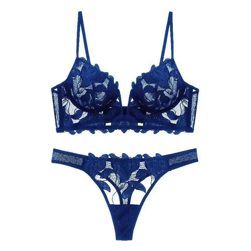 Ensemble de soutien-gorge et tongs en dentelle brodée de fleurs pour femmes