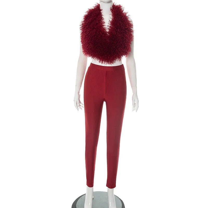 Ensemble femme 2 pièces en fausse fourrure et pantalon ajusté