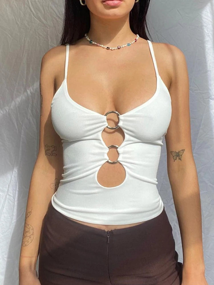 Tops à dos nu évidé et sans manches pour femmes