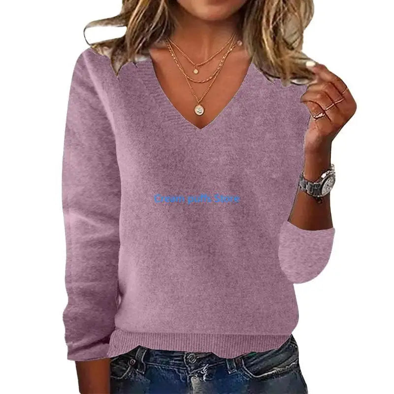 Pull en tricot côtelé doux à col en V pour femmes