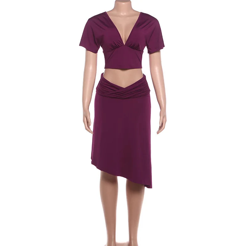 Ensemble deux pièces violet jupe, crop top asymétrique pour femmes