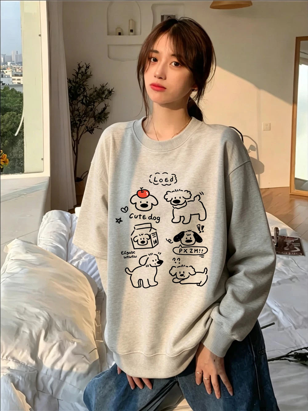 Sweat-shirts à imprimés de chiens mignons de dessins animés coréens pour femmes