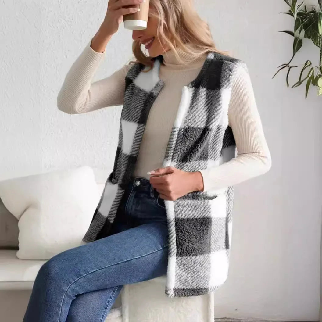Gilets sans manches à carreaux amples pour femmes