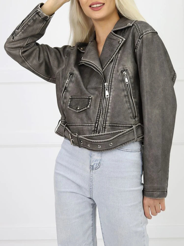 Veste vintage courte en pu faux cuir pour femmes
