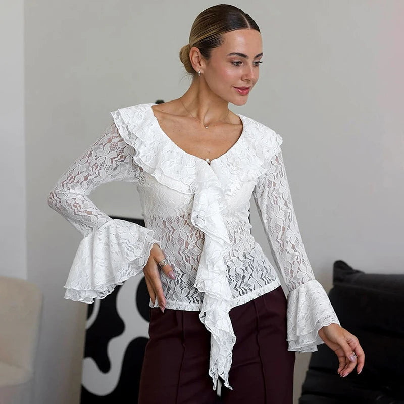 T-shirt à manches longues en dentelle à volants pour femmes
