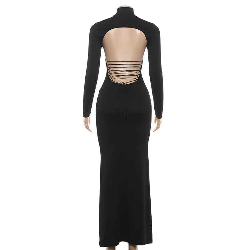 Robe longue moulante à dos nu et lacets pour femmes