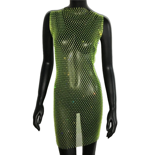 Robe de soirée en résille scintillante, strass, paillettes pour femmes