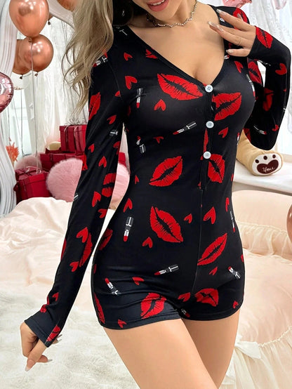Combinaison de Nuit Femme – Lèvres Rouges, Col V et Boutons