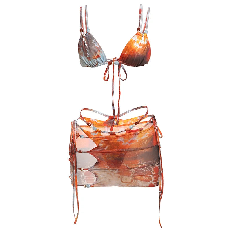 Maillot de bain 3 pièces soutien-gorge patchwork de perles, culotte froncée et jupe ajourée pour femmes