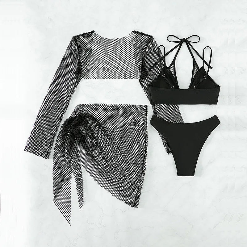 Maillot de bain 4 pièces à manches longues résille pour femmes
