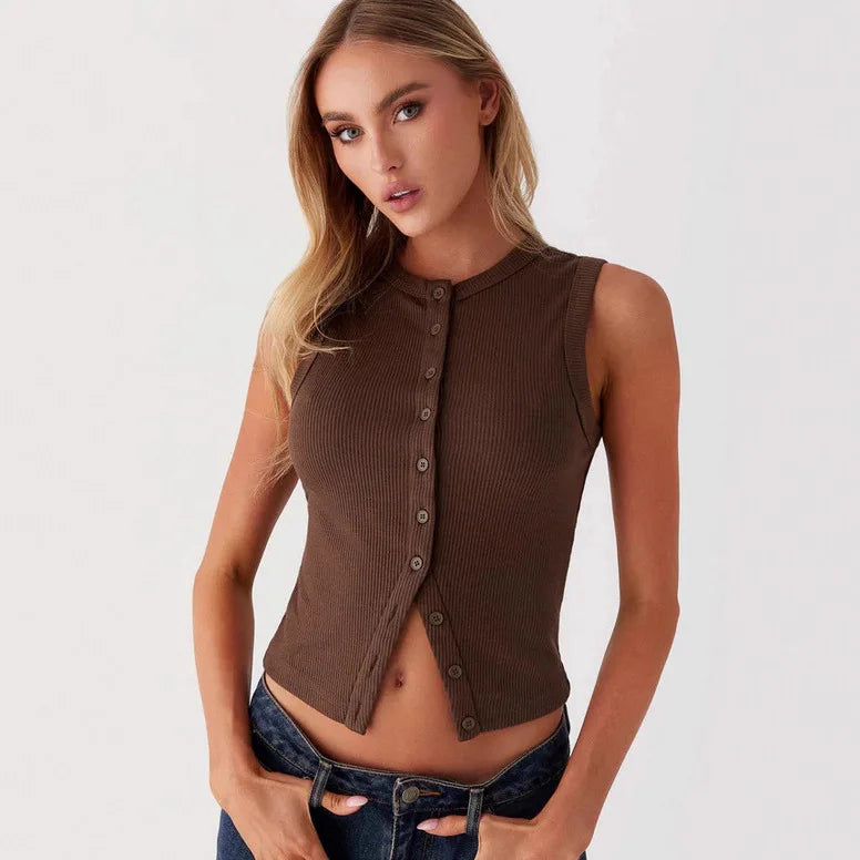 Haut Sans Manches Femme – Maille Unie Boutonnée