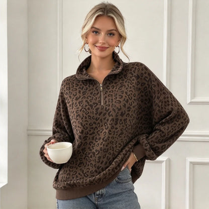 Sweat Léopard Vintage Femme – Col Demi-Zip