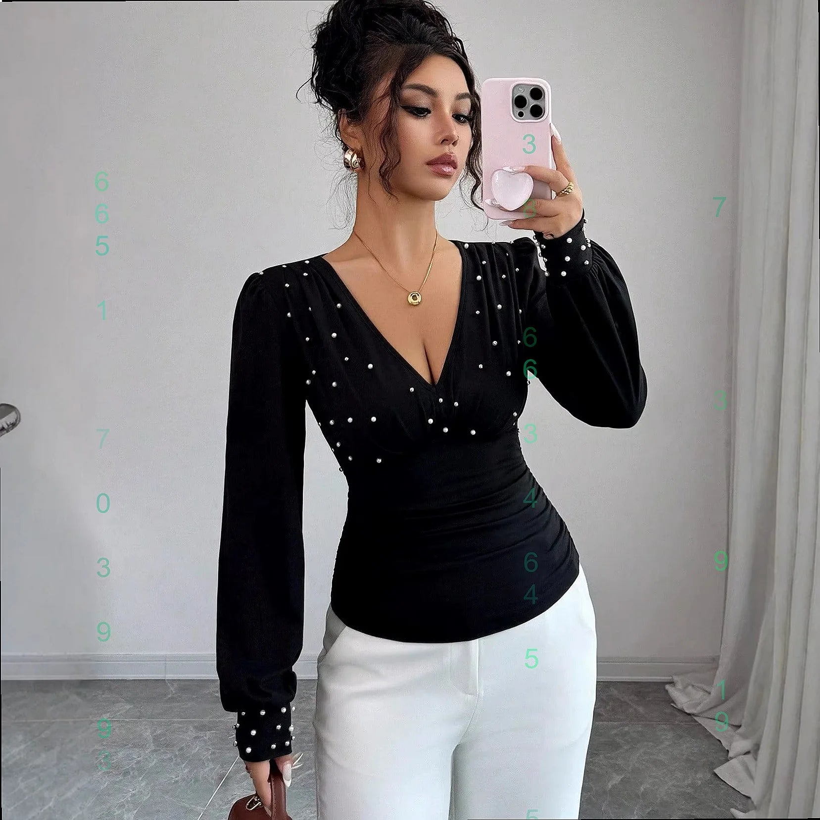 T-shirt sexy à col en V avec perles pour femmes