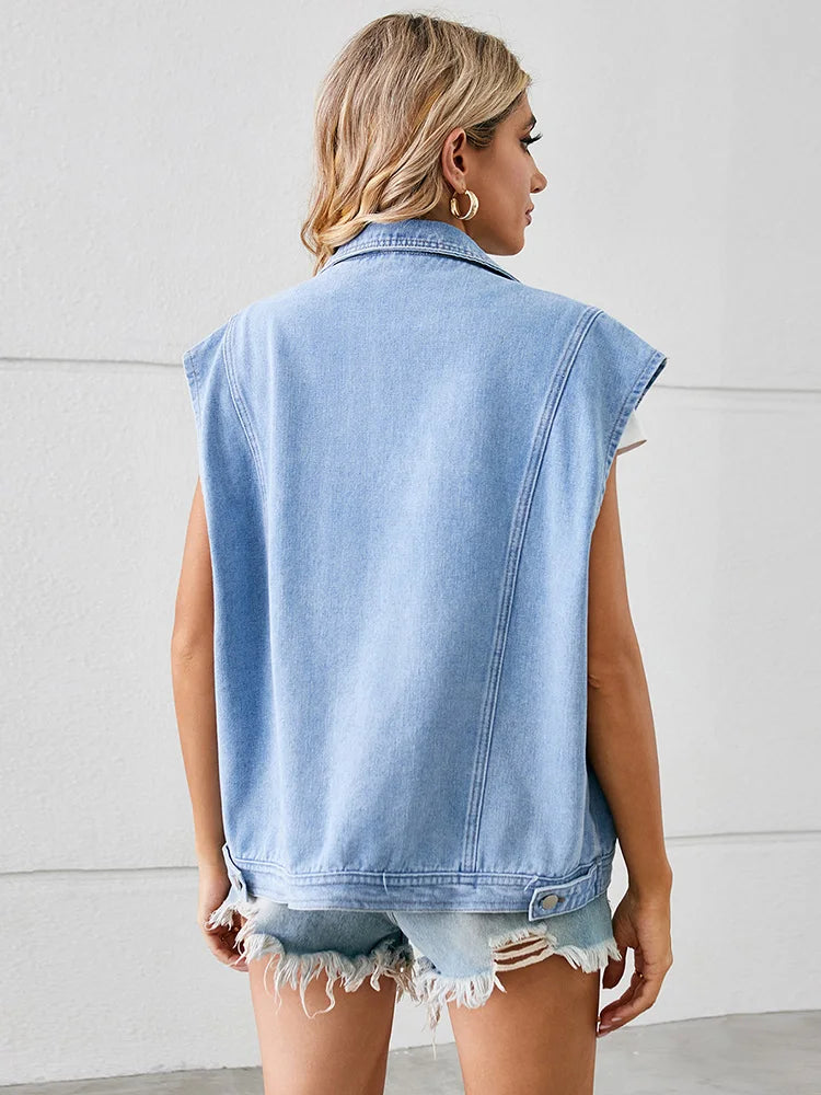 Gilet en jean délavé à col cranté pour femmes