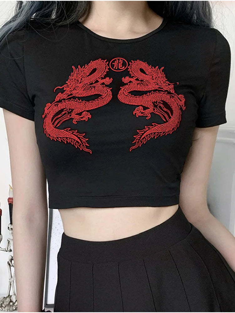 T-shirt à manches courtes imprimé dragon pour femmes