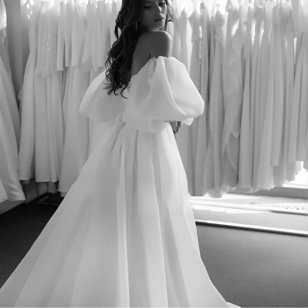 Robe de mariée princesse en tulle simple avec manches bouffantes pour femmes