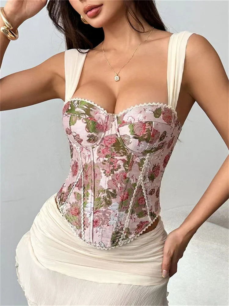 Top corset femme rétro à imprimé roses roses