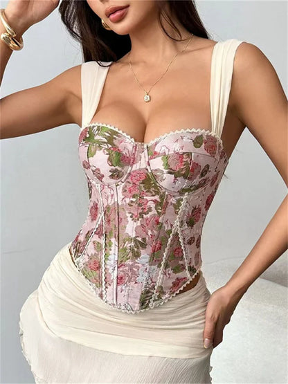 Top corset femme rétro à imprimé roses roses