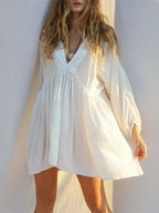 Robe de plage sexy à manches longues et col en V, dos nu, en coton, pour femmes