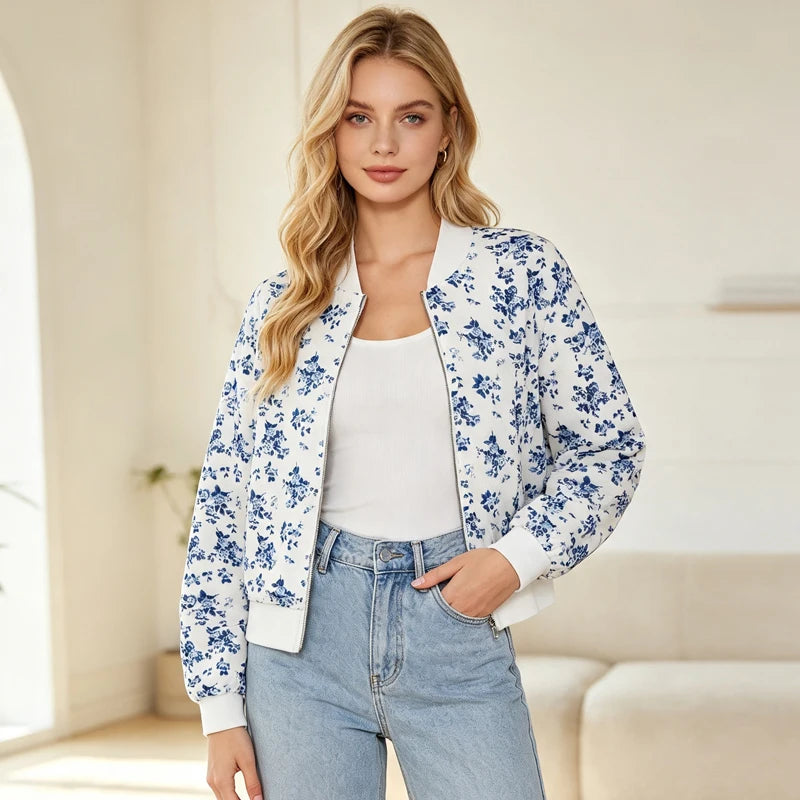 Bomber Vintage Bleu Femme – Imprimé Floral