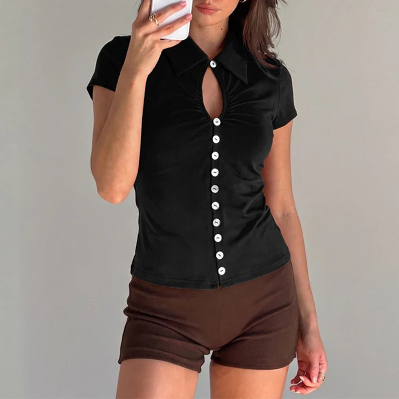 T-shirt Ajusté Femme – Plis et Col Rabattu