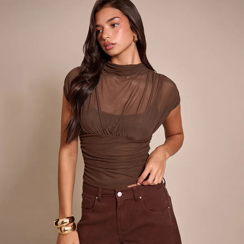 T-shirts moulant en maille sans manches à col rond pour femmes