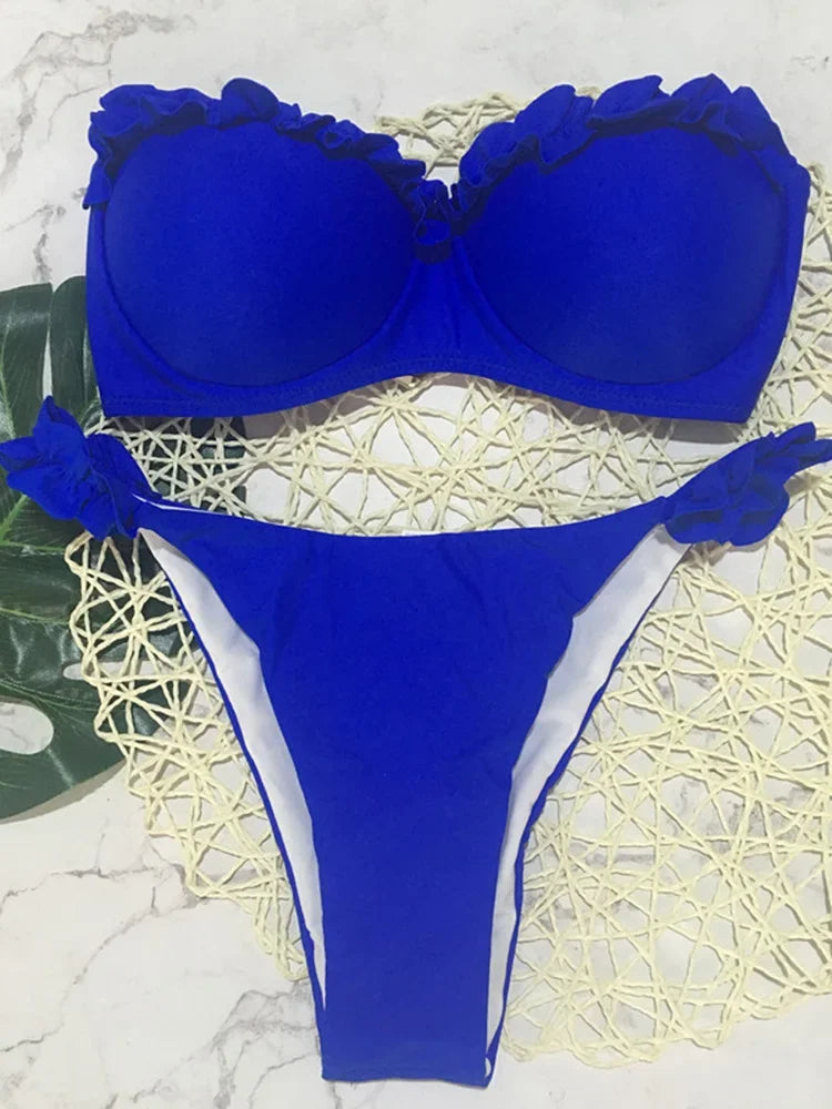 Ensemble maillot de bain deux pièces léopard à volants pour femmes