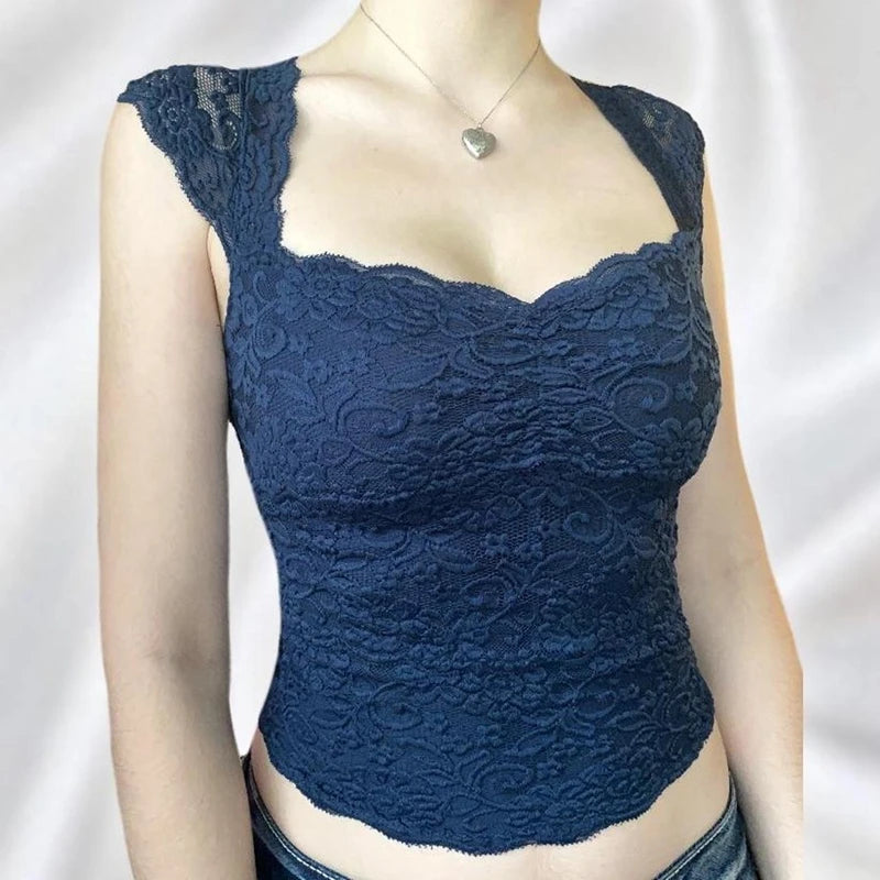 Débardeur court en dentelle florale bleue pour femmes