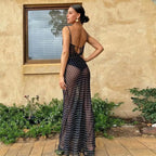Robe longue sexy dos nu avec dentelle transparente et bretelles pour femmes