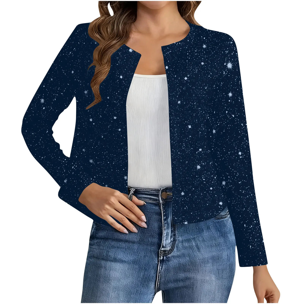 Cardigan Court Scintillant Femme – Col Rond et Manches Longues