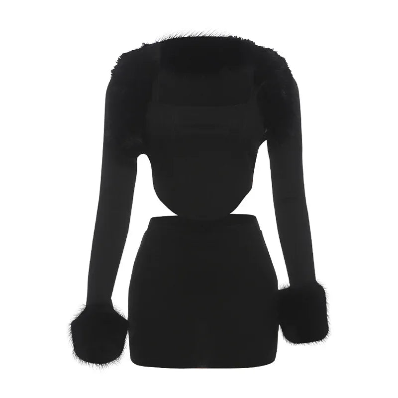 Ensemble haut Corset en Patchwork de fourrure et mini jupe pour femmes